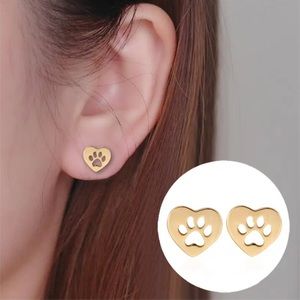 PAW HEART Prints  GOLD Stud Earrings with Gift Bag